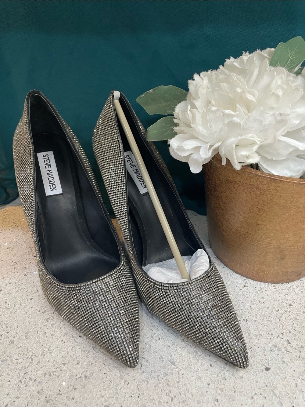 Steve Madden Rhinestone Pointed Toe Pumps - Silver/Black Sparkle - Picture 2 of 13